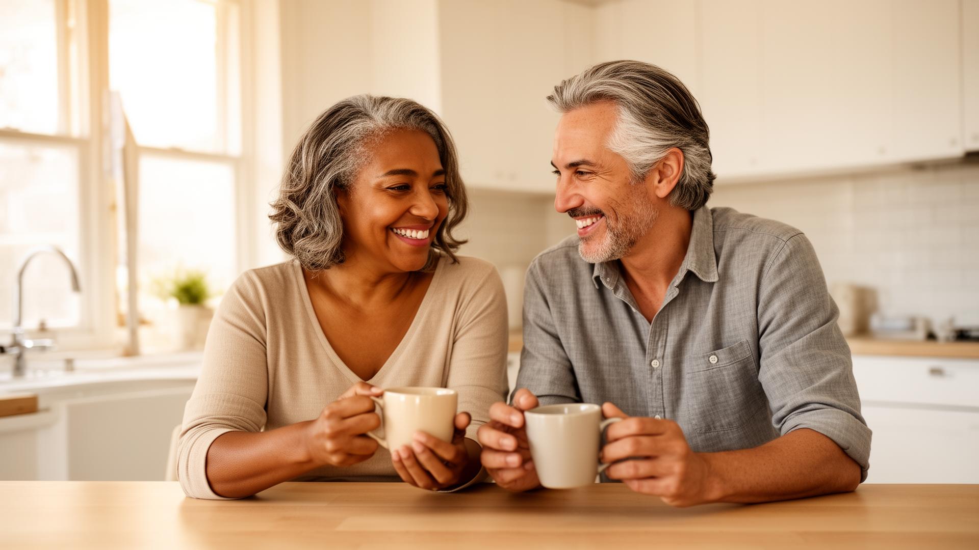 A couple sharing morning coffee in their home kitchen