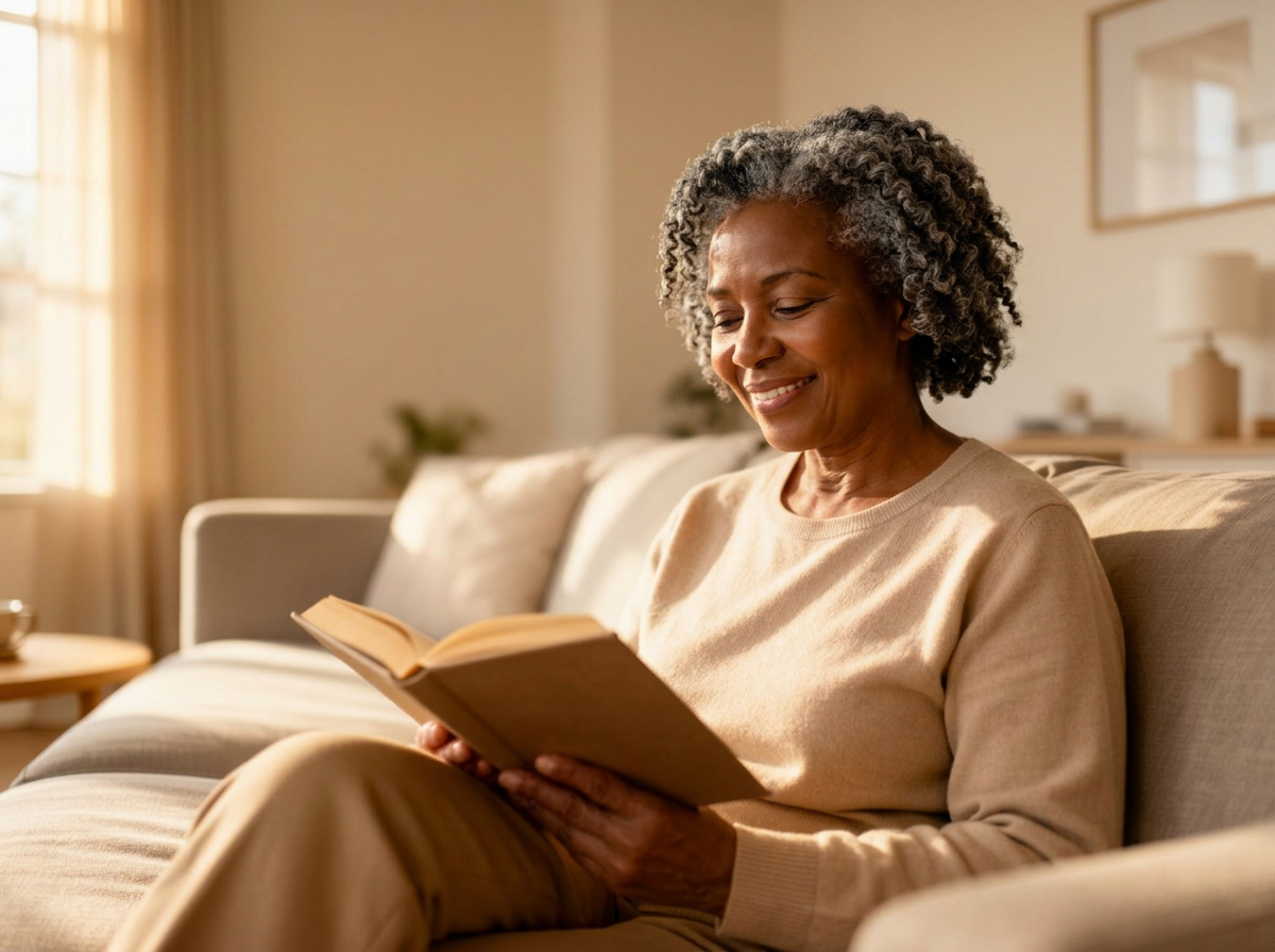 A woman reading at home in warm afternoon light